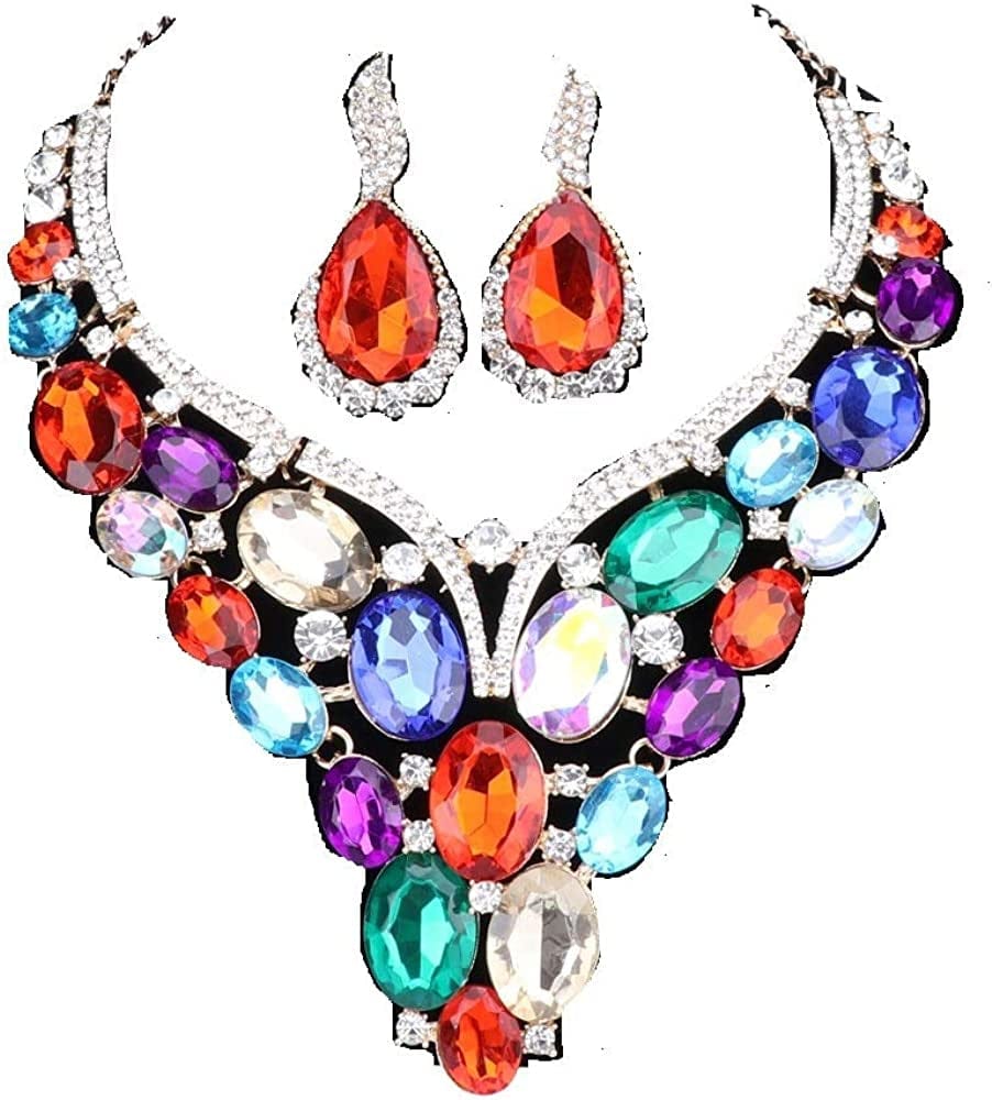 Women Bridal Rhinestone Crystal Statement Necklace Earring Wedding Dress Jewelry Sets Colorful