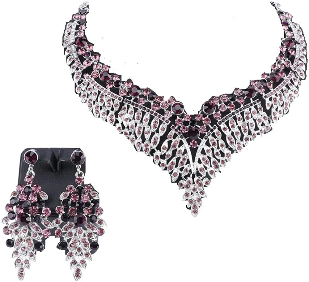 Women Bridal Rhinestone Crystal Statement Necklace Earring Wedding Dress Jewelry Sets Silver Purple
