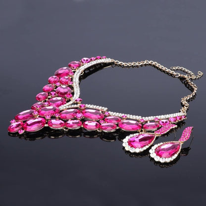 Women Bridal Rhinestone Crystal Statement Necklace Earring Wedding Dress Jewelry Sets