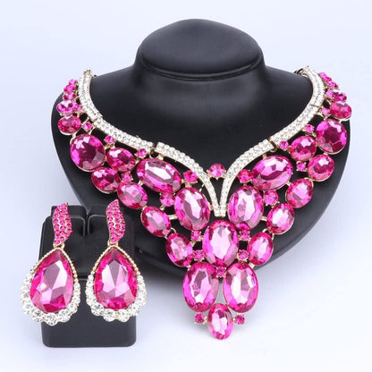 Women Bridal Rhinestone Crystal Statement Necklace Earring Wedding Dress Jewelry Sets