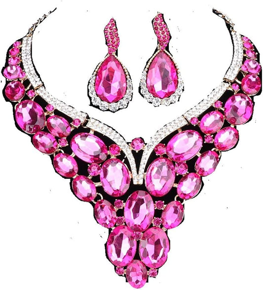 Women Bridal Rhinestone Crystal Statement Necklace Earring Wedding Dress Jewelry Sets Rose Red