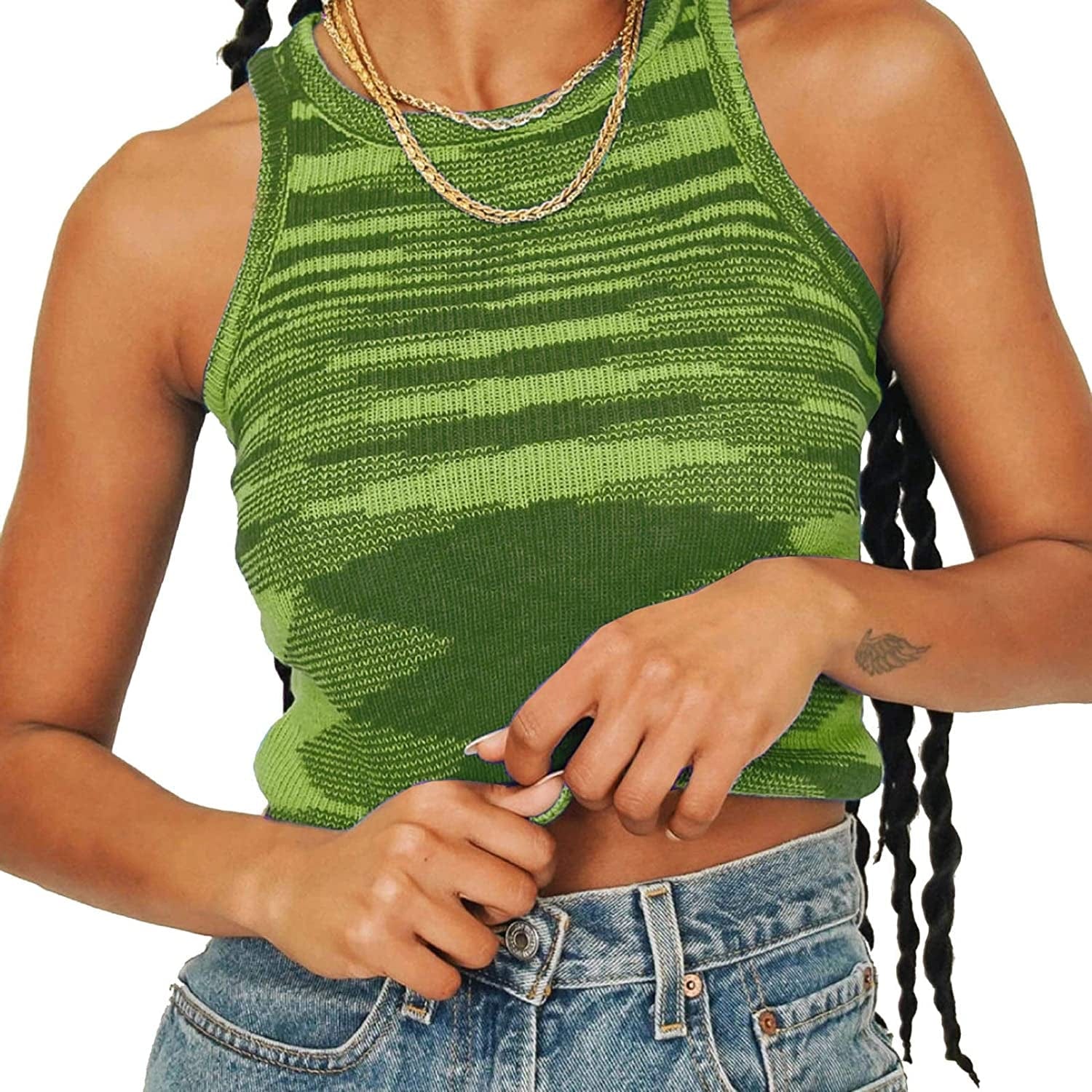 Women Casual Basic Sleeveless High Neck Rib-Knit Y2K Crop Tank Top Tie Dye Green / Small