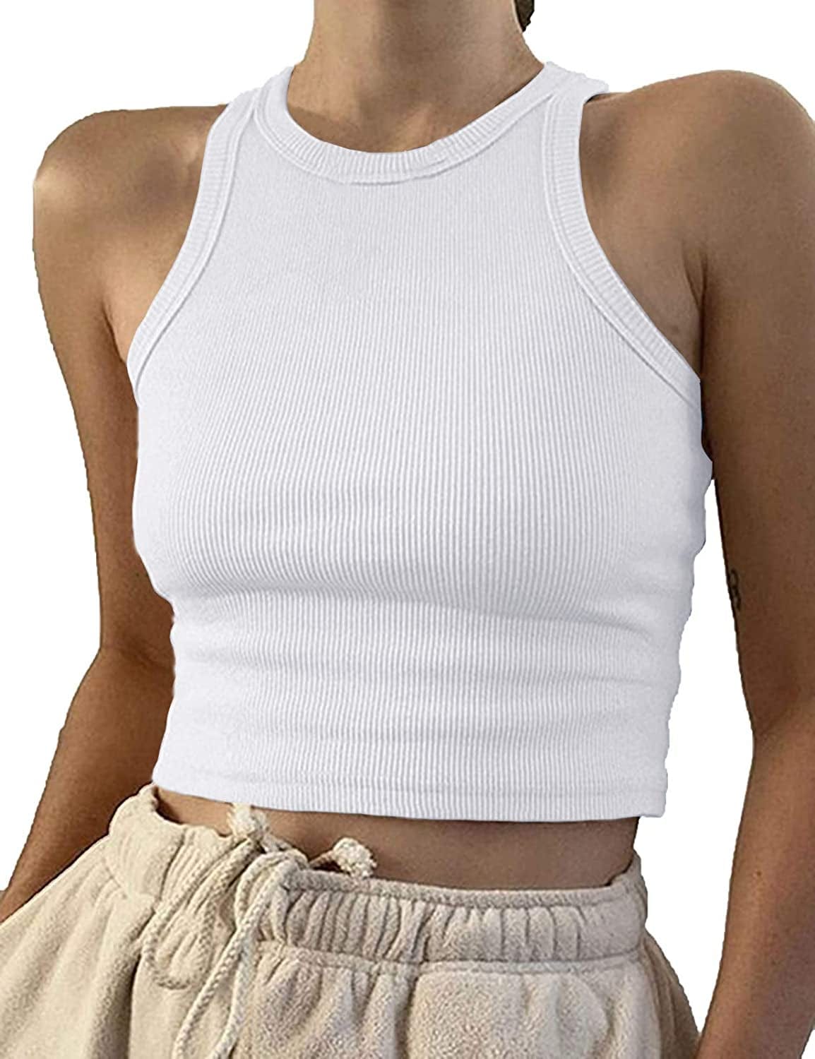Women Casual Basic Sleeveless High Neck Rib-Knit Y2K Crop Tank Top 01#white / Medium