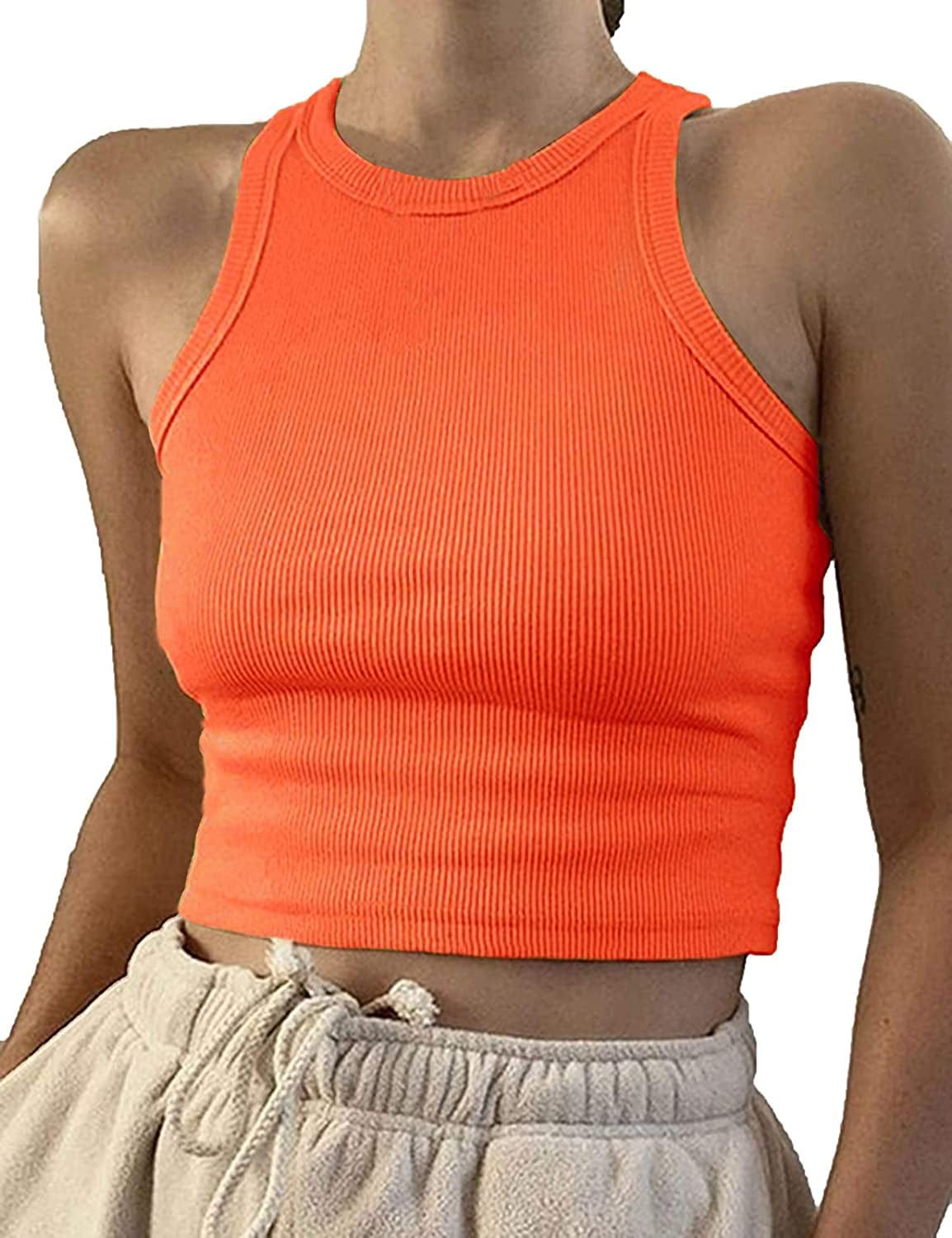 Women Casual Basic Sleeveless High Neck Rib-Knit Y2K Crop Tank Top 01#orange / Medium
