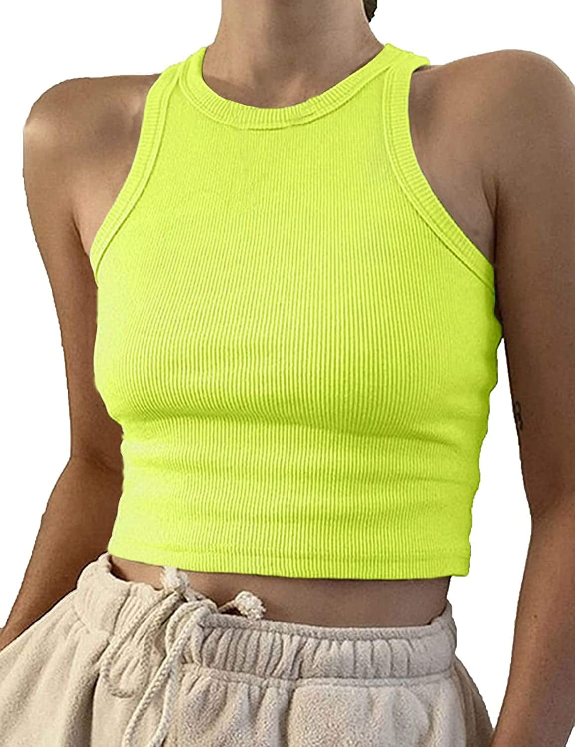 Women Casual Basic Sleeveless High Neck Rib-Knit Y2K Crop Tank Top 01#neon Green / Medium