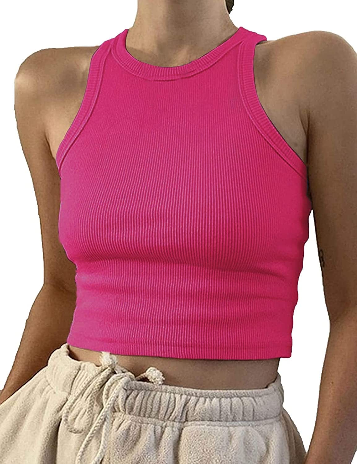 Women Casual Basic Sleeveless High Neck Rib-Knit Y2K Crop Tank Top 01#rose Red / Medium