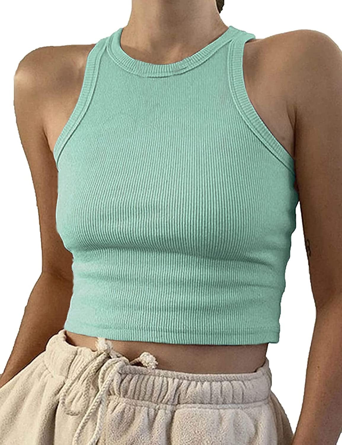 Women Casual Basic Sleeveless High Neck Rib-Knit Y2K Crop Tank Top 01#light Green / Medium