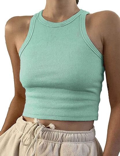 Women Casual Basic Sleeveless High Neck Rib-Knit Y2K Crop Tank Top 01#light Green / Medium