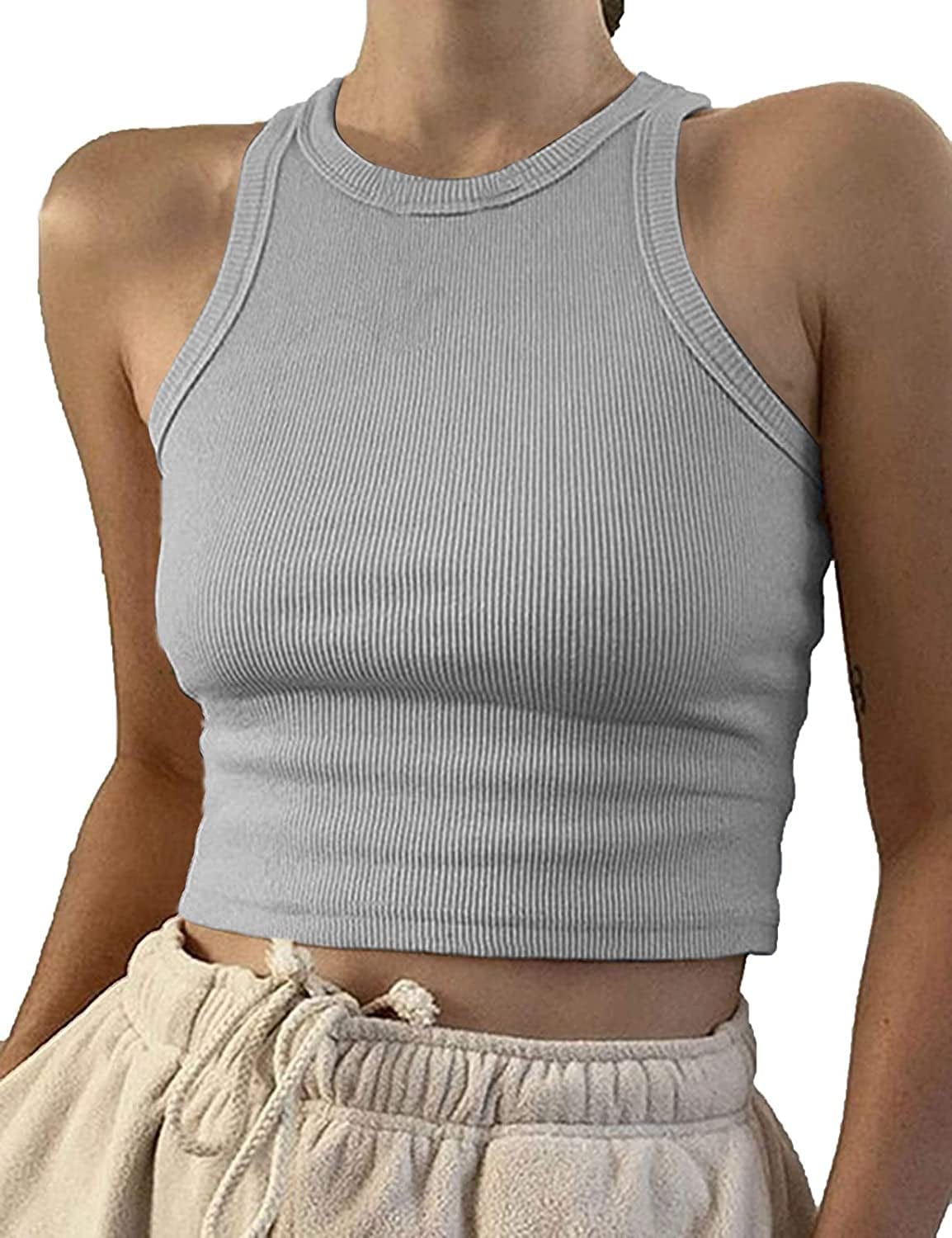 Women Casual Basic Sleeveless High Neck Rib-Knit Y2K Crop Tank Top 01#grey / Medium