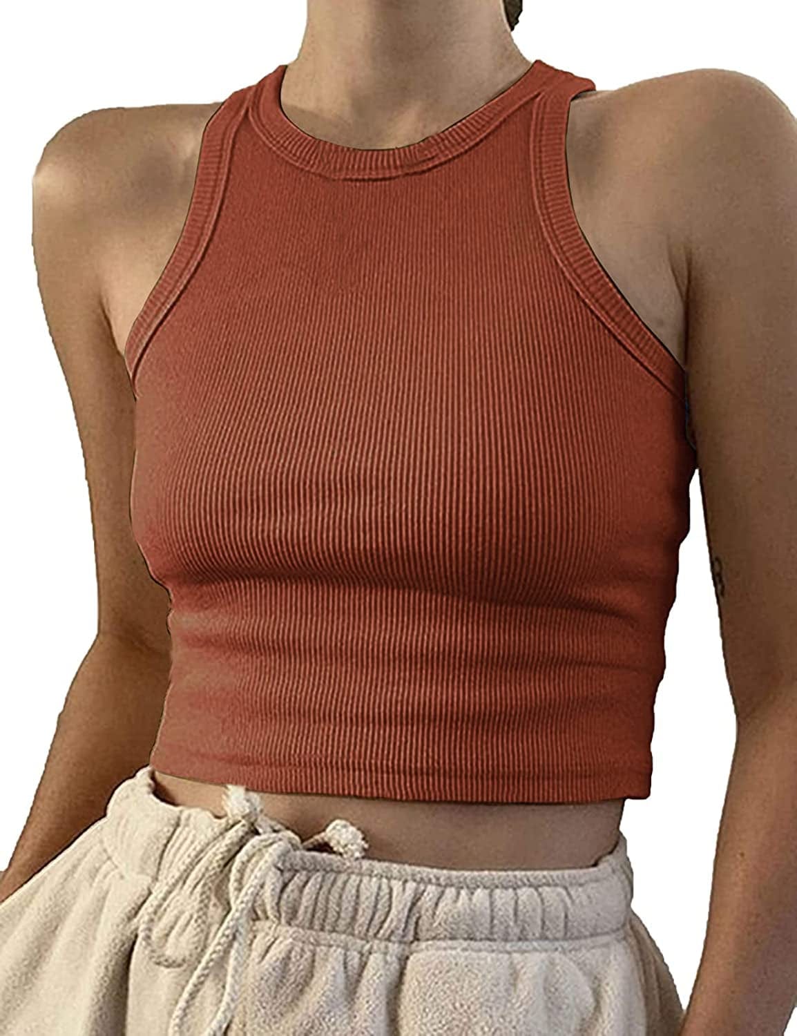 Women Casual Basic Sleeveless High Neck Rib-Knit Y2K Crop Tank Top 01#caramel / X-Small
