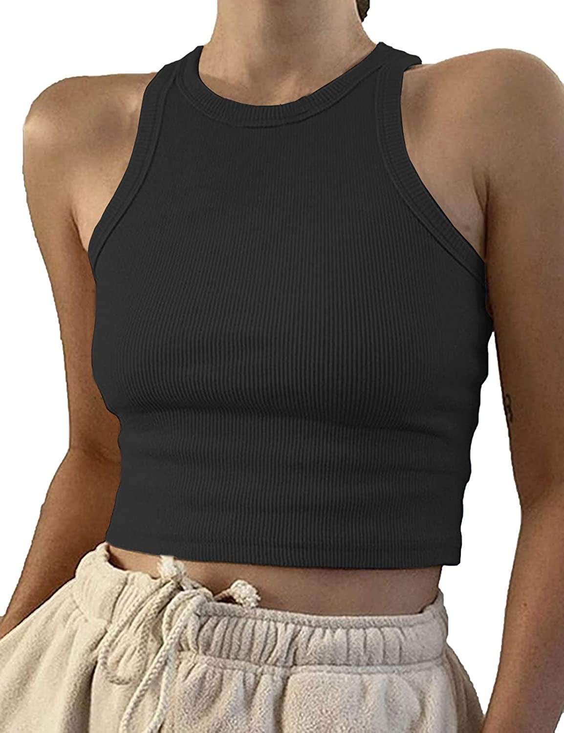 Women Casual Basic Sleeveless High Neck Rib-Knit Y2K Crop Tank Top 01#black / Medium