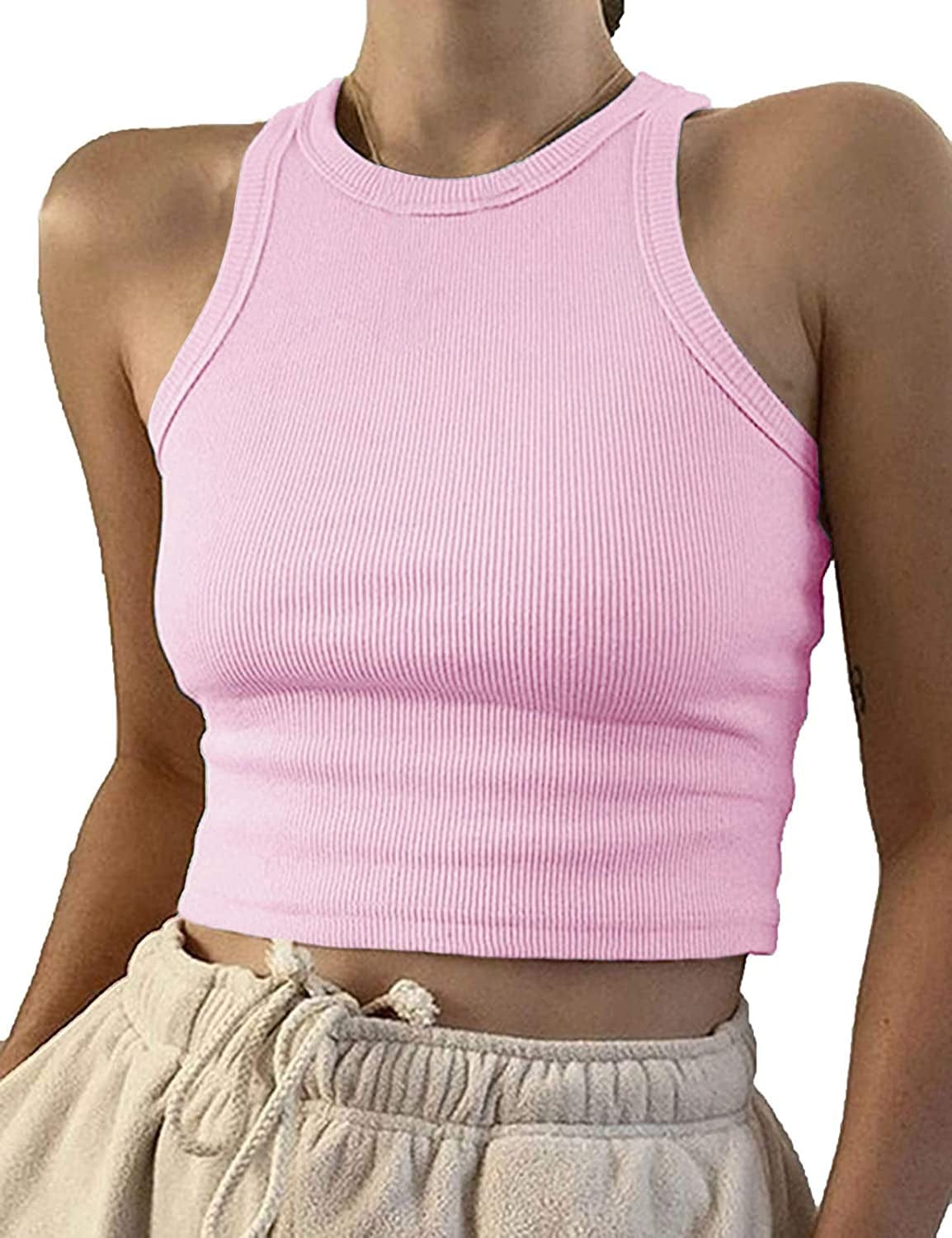 Women Casual Basic Sleeveless High Neck Rib-Knit Y2K Crop Tank Top 01#pink / Medium