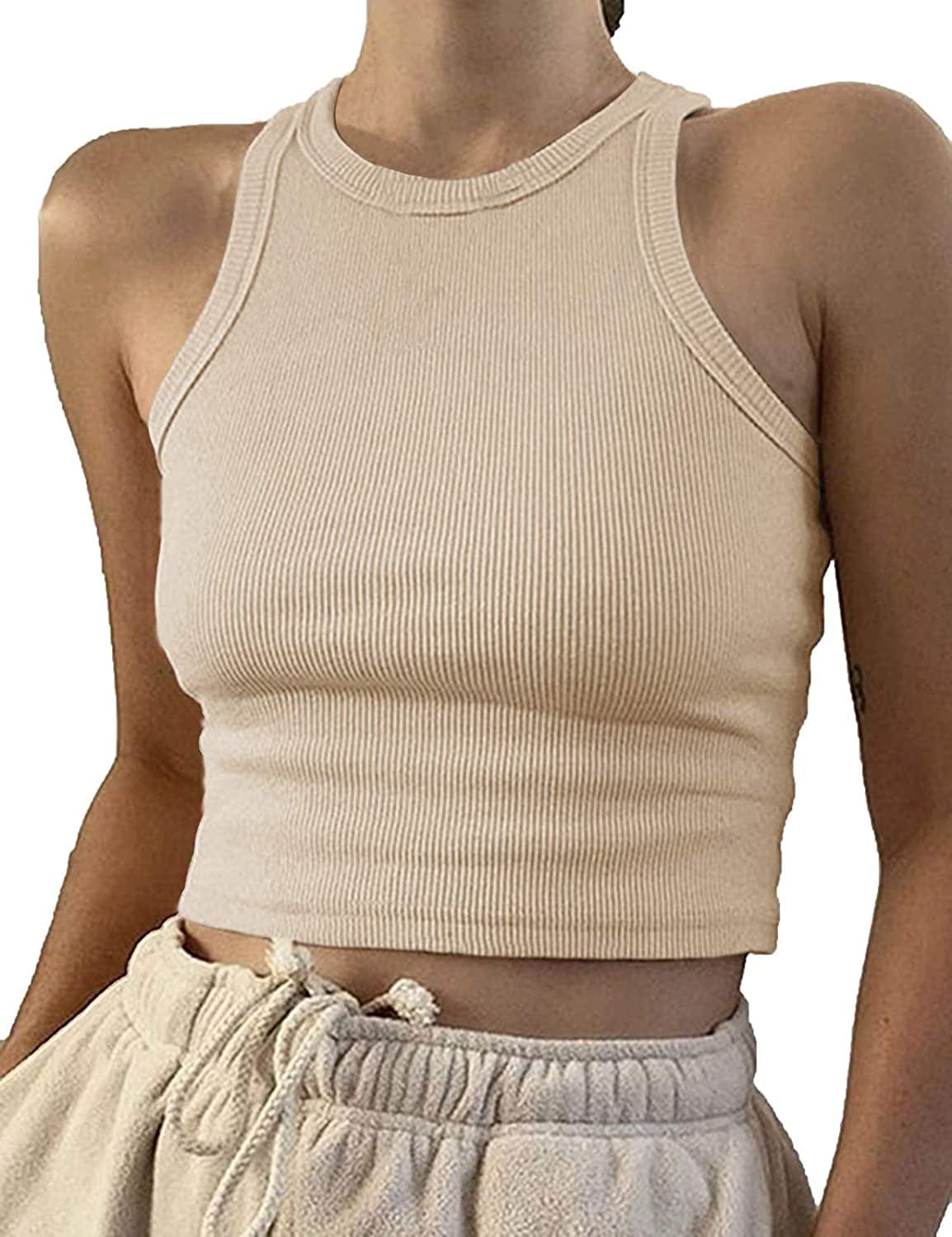 Women Casual Basic Sleeveless High Neck Rib-Knit Y2K Crop Tank Top 01#beige / Medium