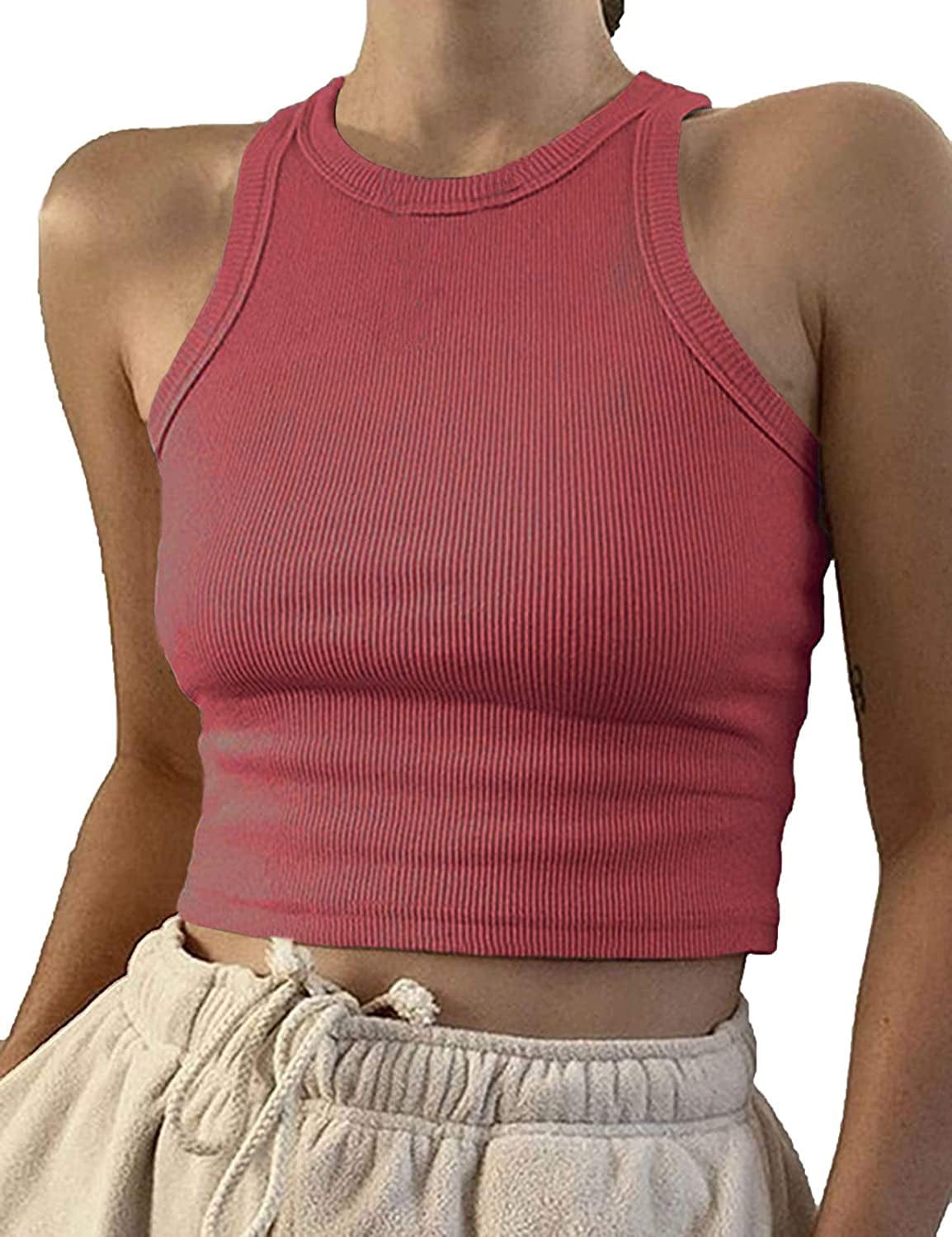 Women Casual Basic Sleeveless High Neck Rib-Knit Y2K Crop Tank Top 01#brick Red / Medium