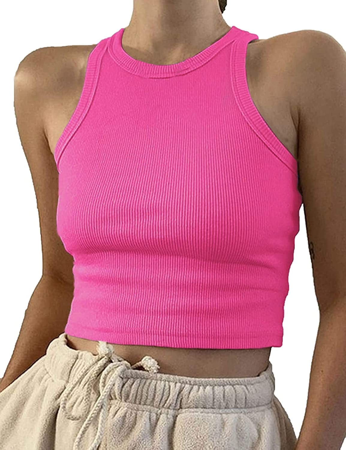 Women Casual Basic Sleeveless High Neck Rib-Knit Y2K Crop Tank Top 01#hot Pink / Medium
