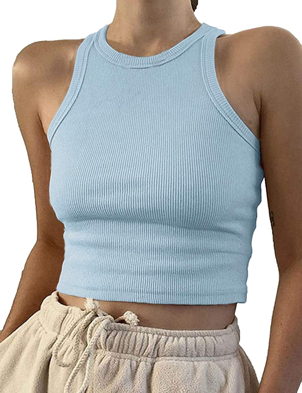 Women Casual Basic Sleeveless High Neck Rib-Knit Y2K Crop Tank Top 01#light Blue / Medium
