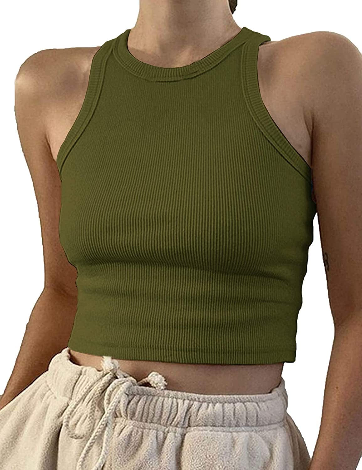 Women Casual Basic Sleeveless High Neck Rib-Knit Y2K Crop Tank Top 01#army Green / Medium