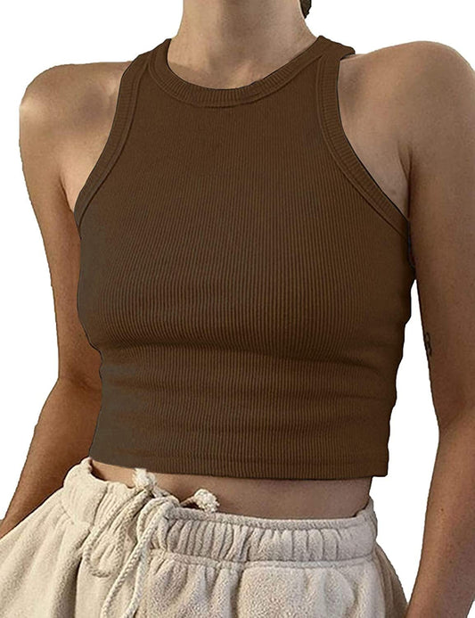 Women Casual Basic Sleeveless High Neck Rib-Knit Y2K Crop Tank Top 01#brown / Medium
