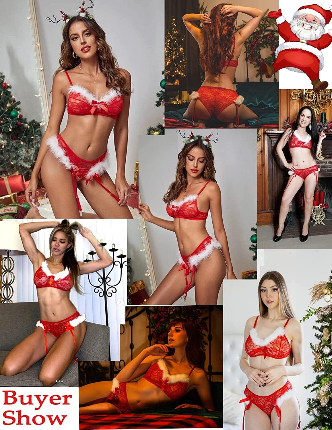 Women Christmas Lingerie Two Piece Santa Bra and Panty with Garter Belt Set Red Lace Babydoll