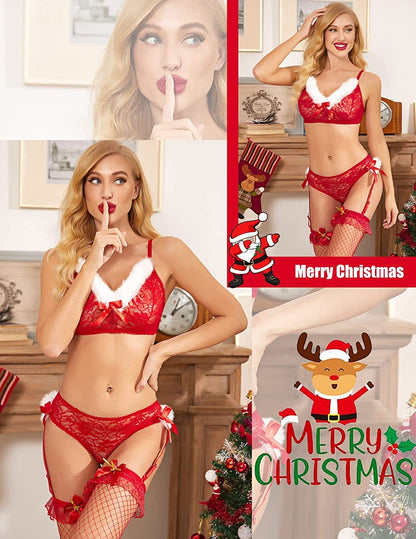Women Christmas Lingerie Two Piece Santa Bra and Panty with Garter Belt Set Red Lace Babydoll