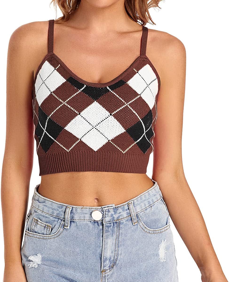 Women Crop Top Cute Tank Shirt Halter Ribbed Cropped Sexy Corset Cami Teen Girl Brown / Small-Medium