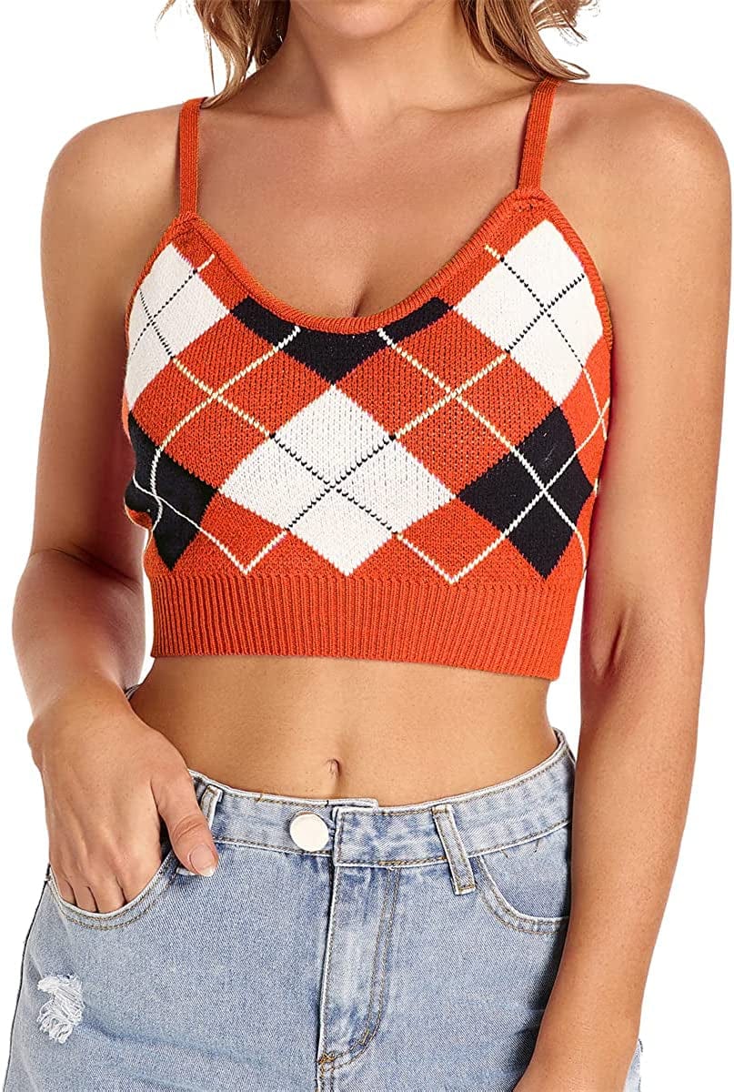 Women Crop Top Cute Tank Shirt Halter Ribbed Cropped Sexy Corset Cami Teen Girl Orange / Small-Medium