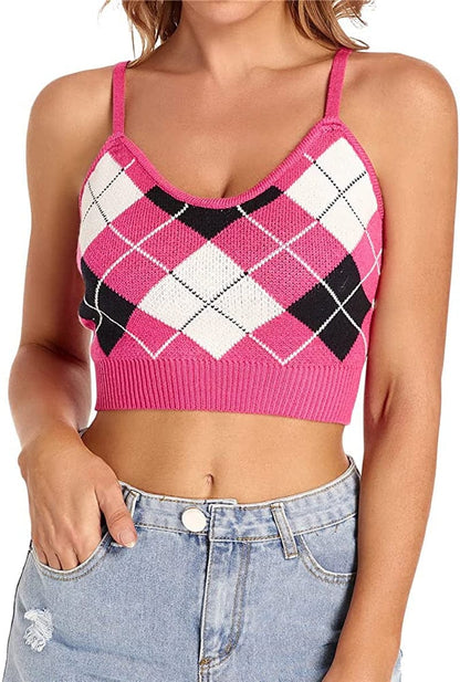 Women Crop Top Cute Tank Shirt Halter Ribbed Cropped Sexy Corset Cami Teen Girl Pink / Small-Medium