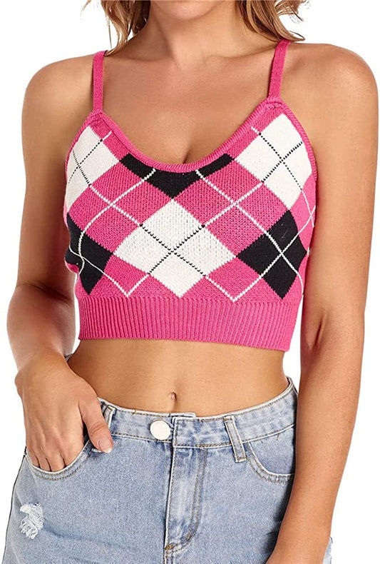 Women Crop Top Cute Tank Shirt Halter Ribbed Cropped Sexy Corset Cami Teen Girl Pink / Small-Medium