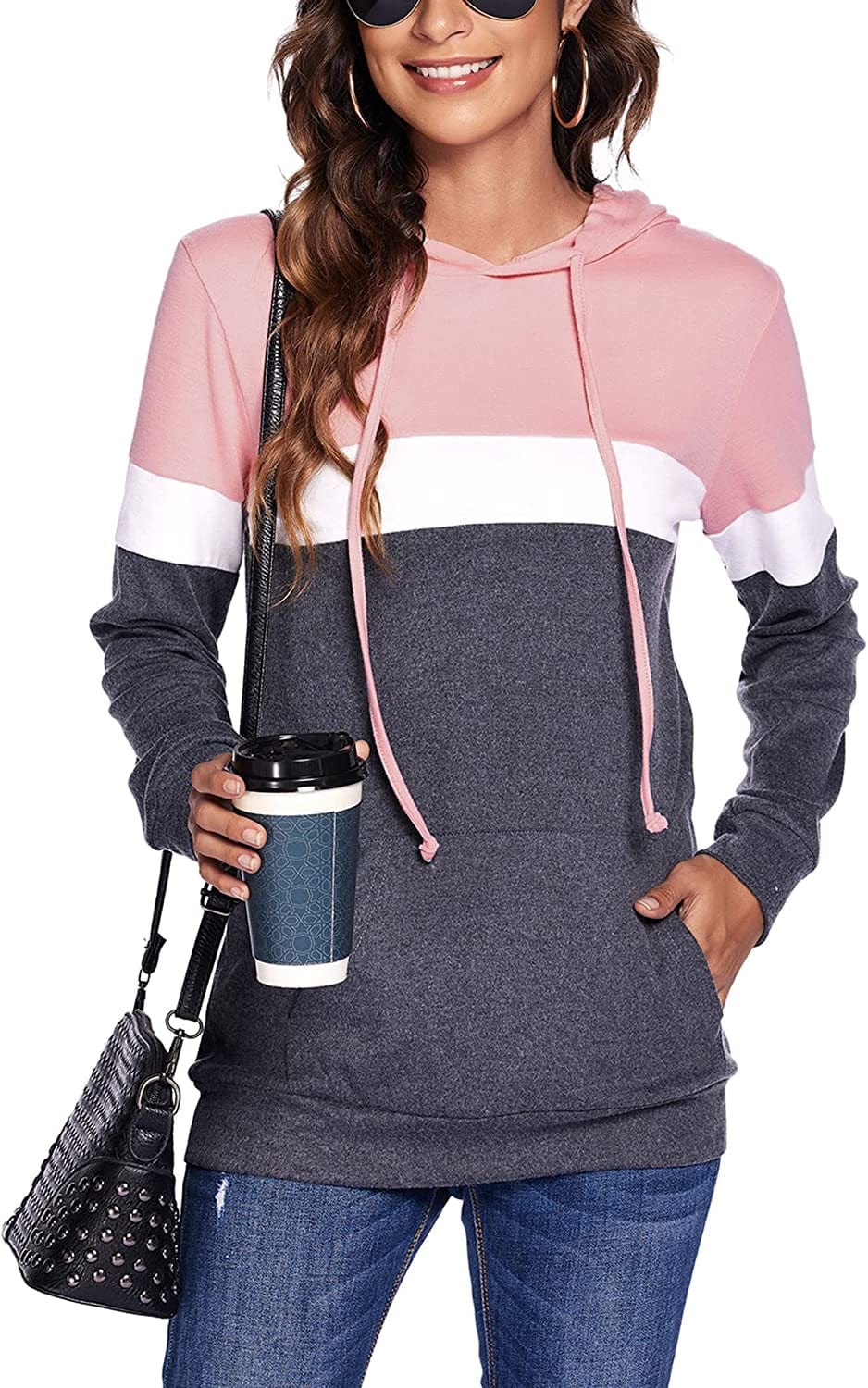Women Drawstring Pullover Hoodies Casual Long Sleeve Tops Color Block Sweatshirts with Pocket (S-XXL) Pink / Small