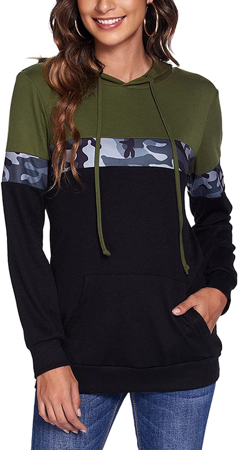Women Drawstring Pullover Hoodies Casual Long Sleeve Tops Color Block Sweatshirts with Pocket (S-XXL) Camo Olive Green / XX-Large