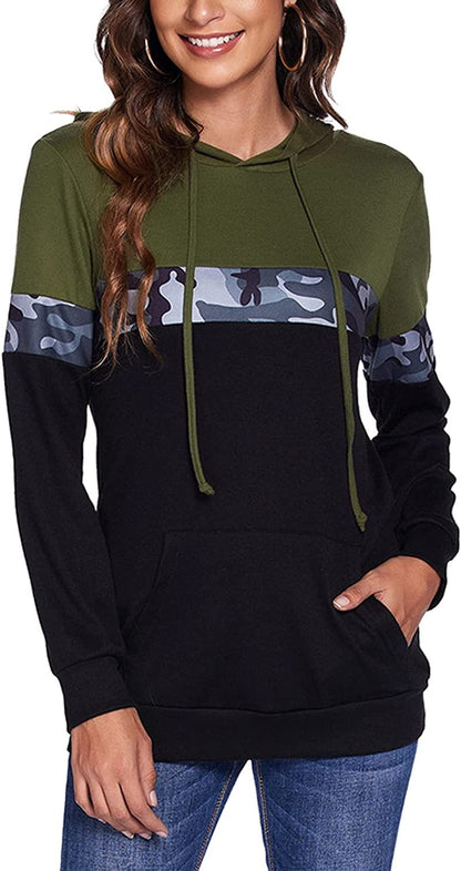 Women Drawstring Pullover Hoodies Casual Long Sleeve Tops Color Block Sweatshirts with Pocket (S-XXL) Camo Olive Green / XX-Large