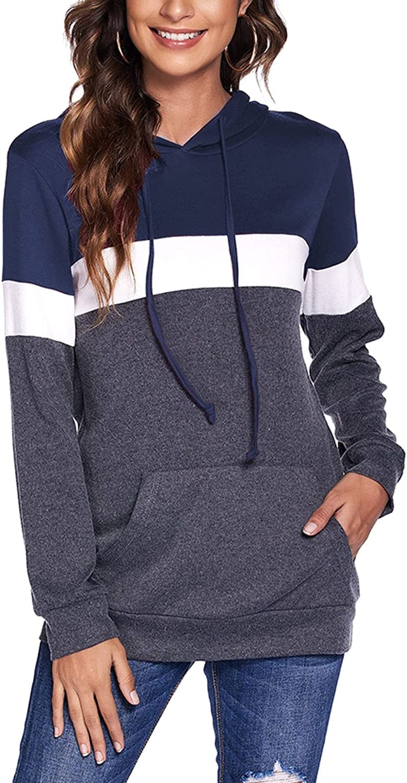 Women Drawstring Pullover Hoodies Casual Long Sleeve Tops Color Block Sweatshirts with Pocket (S-XXL) Navy Blue / Small