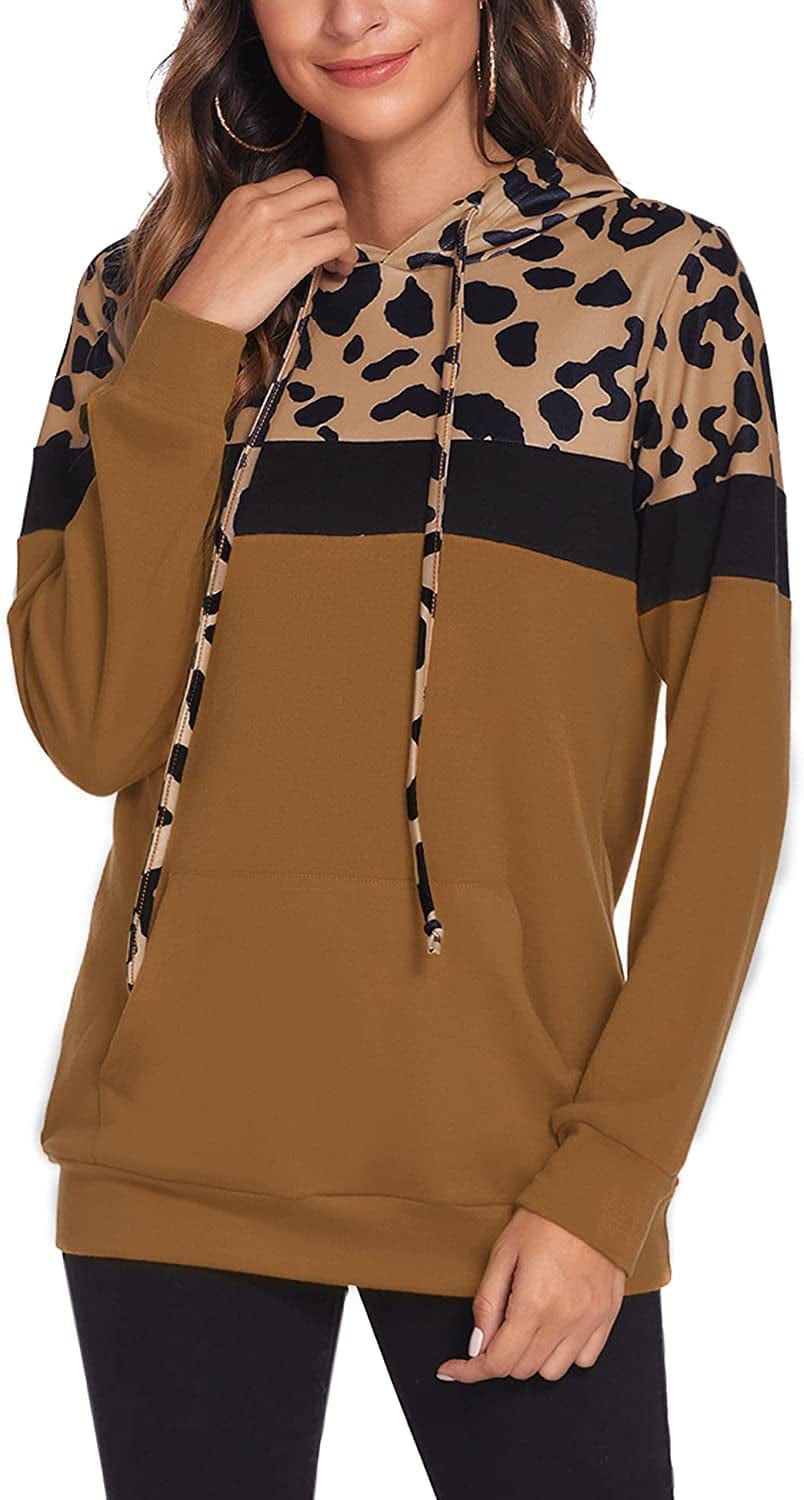Women Drawstring Pullover Hoodies Casual Long Sleeve Tops Color Block Sweatshirts with Pocket (S-XXL) Leopard Brown / Medium