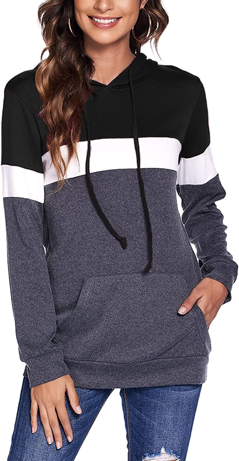 Women Drawstring Pullover Hoodies Casual Long Sleeve Tops Color Block Sweatshirts with Pocket (S-XXL) Black / Small