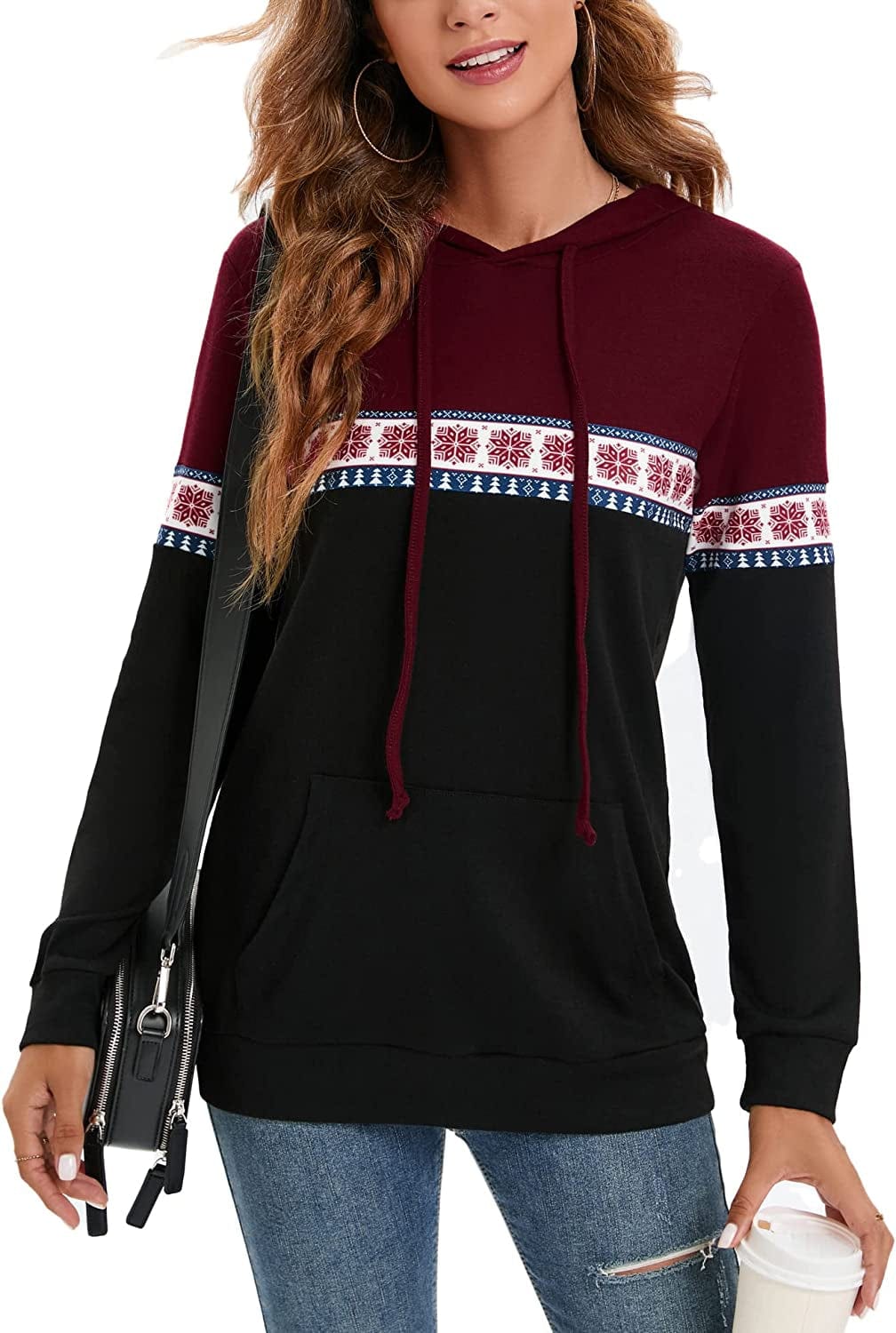 Women Drawstring Pullover Hoodies Casual Long Sleeve Tops Color Block Sweatshirts with Pocket (S-XXL) Snowflake Wine Red / Small