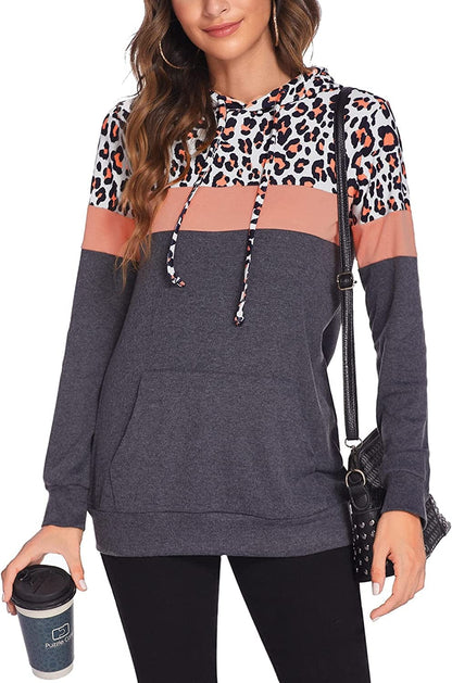 Women Drawstring Pullover Hoodies Casual Long Sleeve Tops Color Block Sweatshirts with Pocket (S-XXL) Leopard Peach Pink / Medium