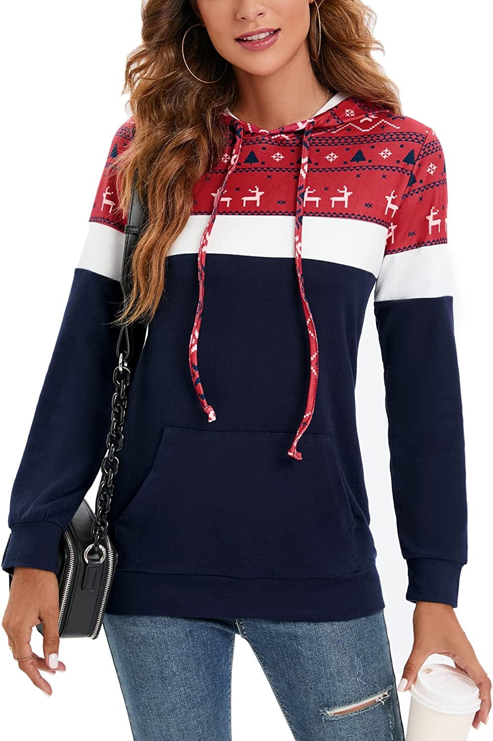 Women Drawstring Pullover Hoodies Casual Long Sleeve Tops Color Block Sweatshirts with Pocket (S-XXL) Deer Pattern Navy Blue / Small