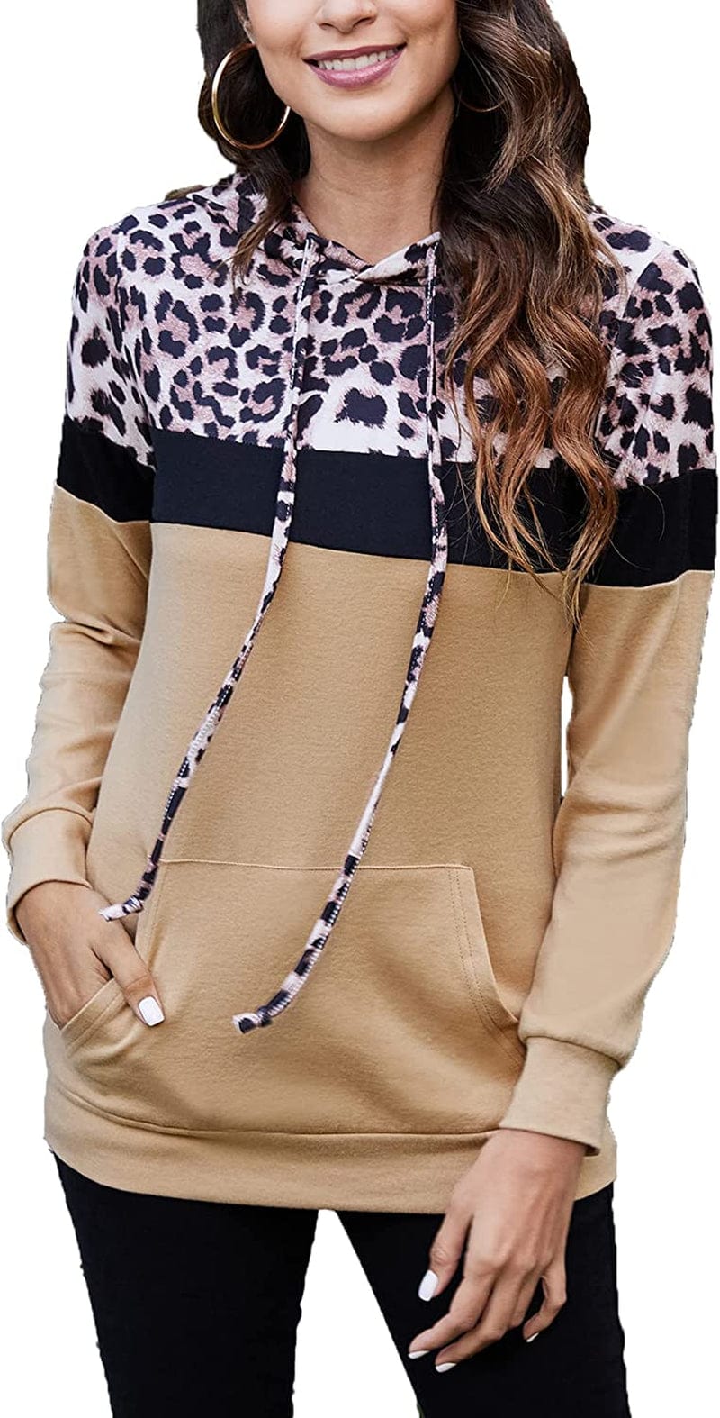 Women Drawstring Pullover Hoodies Casual Long Sleeve Tops Color Block Sweatshirts with Pocket (S-XXL) Leopard Khaki / XX-Large
