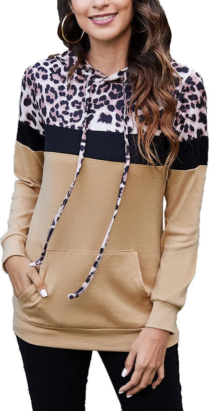 Women Drawstring Pullover Hoodies Casual Long Sleeve Tops Color Block Sweatshirts with Pocket (S-XXL) Leopard Khaki / XX-Large