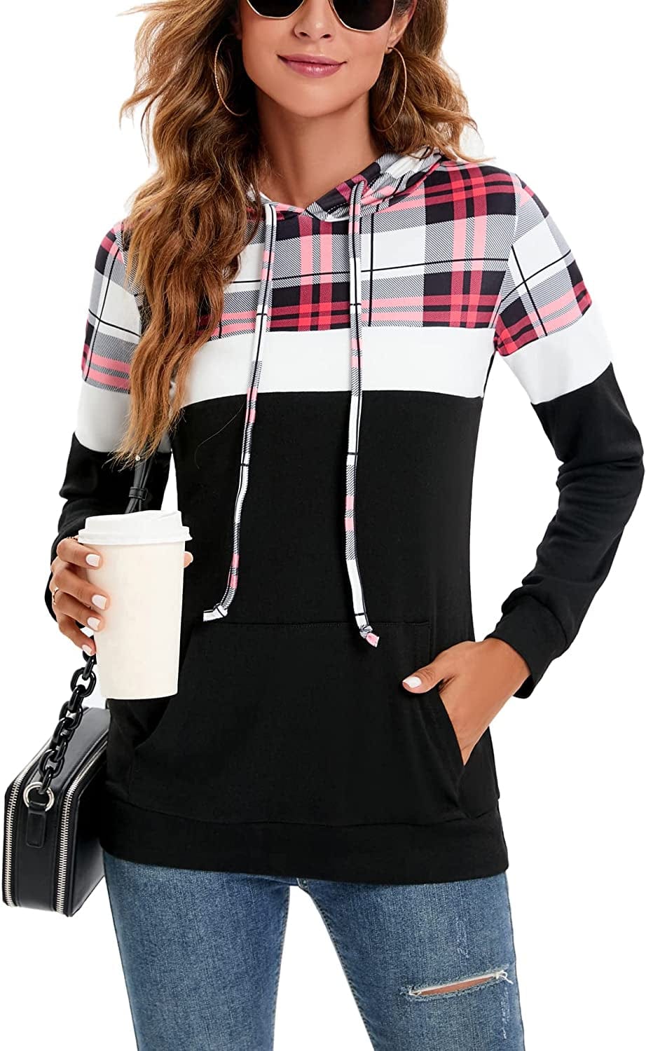 Women Drawstring Pullover Hoodies Casual Long Sleeve Tops Color Block Sweatshirts with Pocket (S-XXL) Plaid Red / XX-Large