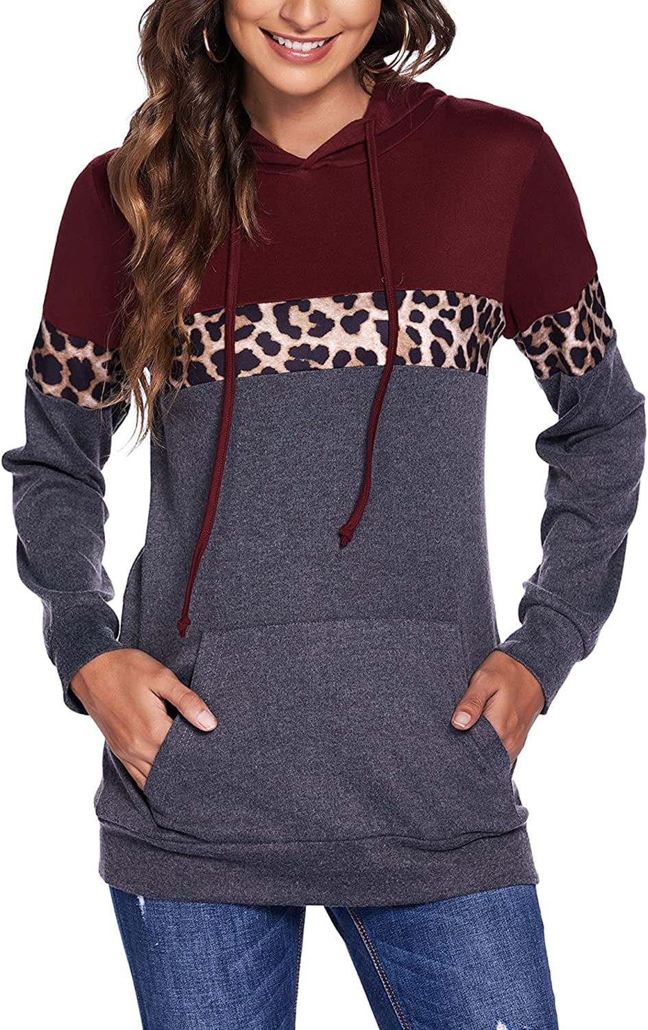 Women Drawstring Pullover Hoodies Casual Long Sleeve Tops Color Block Sweatshirts with Pocket (S-XXL)