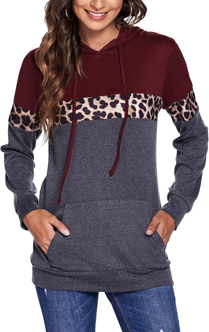 Women Drawstring Pullover Hoodies Casual Long Sleeve Tops Color Block Sweatshirts with Pocket (S-XXL)