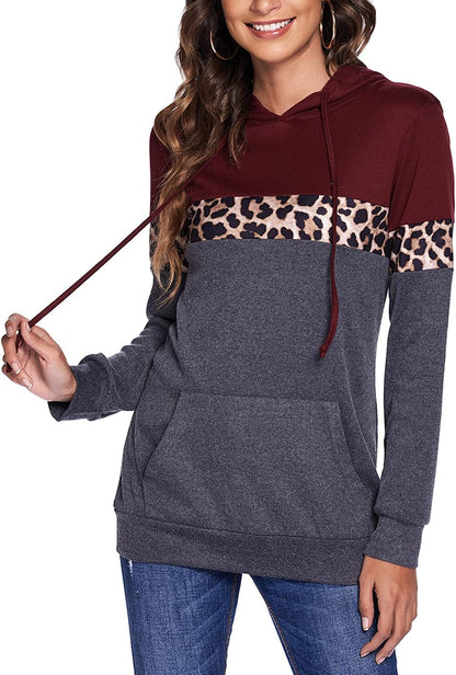 Women Drawstring Pullover Hoodies Casual Long Sleeve Tops Color Block Sweatshirts with Pocket (S-XXL)