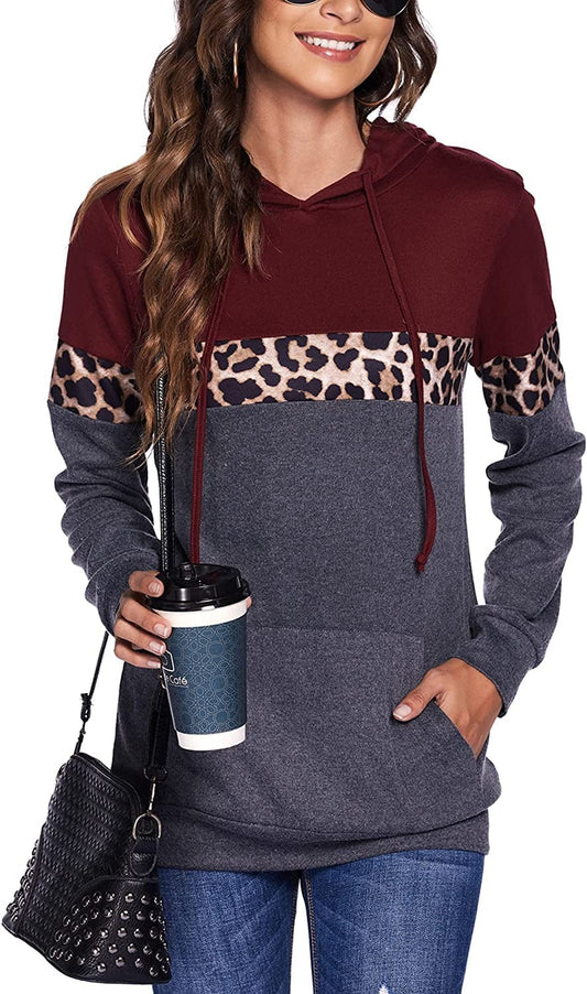 Women Drawstring Pullover Hoodies Casual Long Sleeve Tops Color Block Sweatshirts with Pocket (S-XXL) Leopard Wine Red / Small