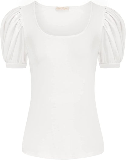 Women Elegant Puff Sleeve Top 1950S Vintage Blouse Tops for Casual Work BPS2079 White 463 / Large