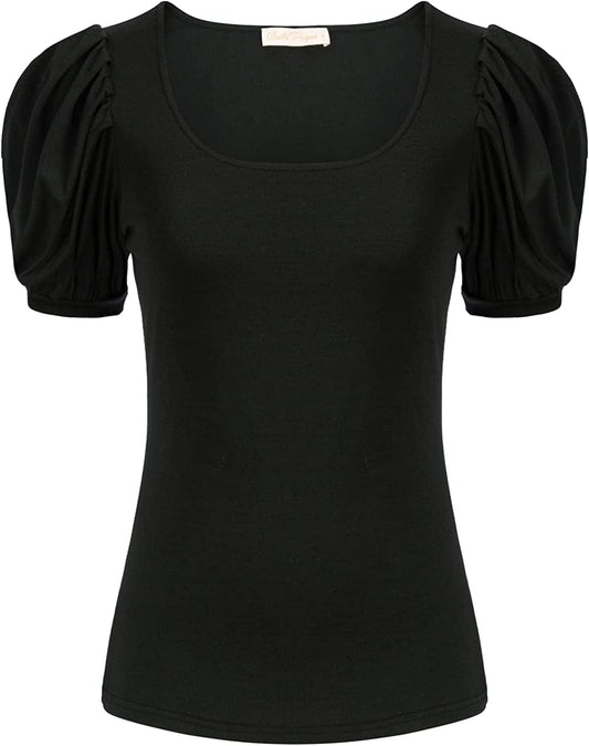 Women Elegant Puff Sleeve Top 1950S Vintage Blouse Tops for Casual Work BPS2079 Black 463 / Large