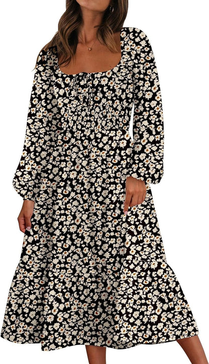 Women Floral Fall Long Sleeve Dress 2023 Midi Dress Boho Casual Square Neck Trendy Dresses Black-White / Medium