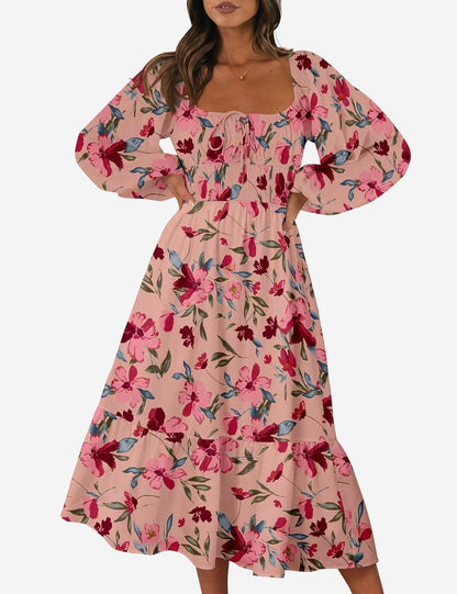 Women Floral Fall Long Sleeve Dress 2023 Midi Dress Boho Casual Square Neck Trendy Dresses