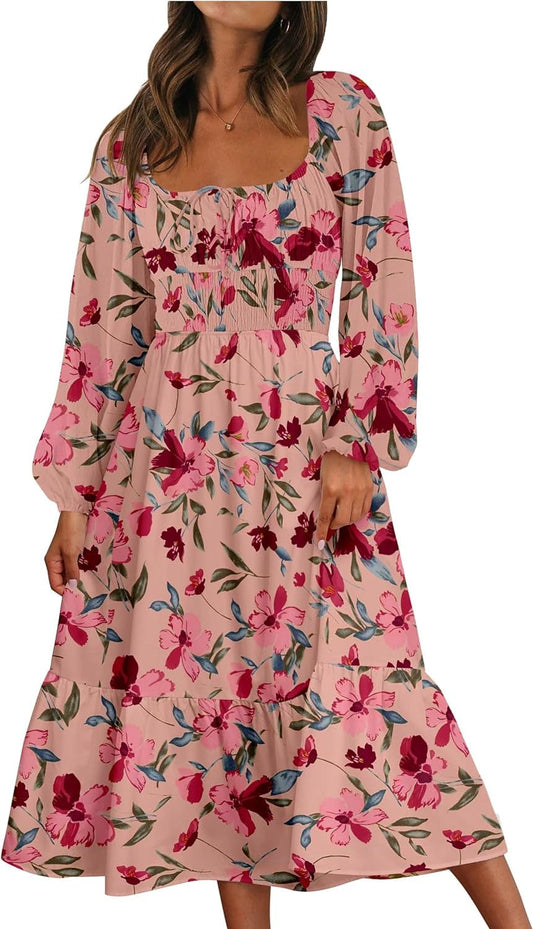 Women Floral Fall Long Sleeve Dress 2023 Midi Dress Boho Casual Square Neck Trendy Dresses