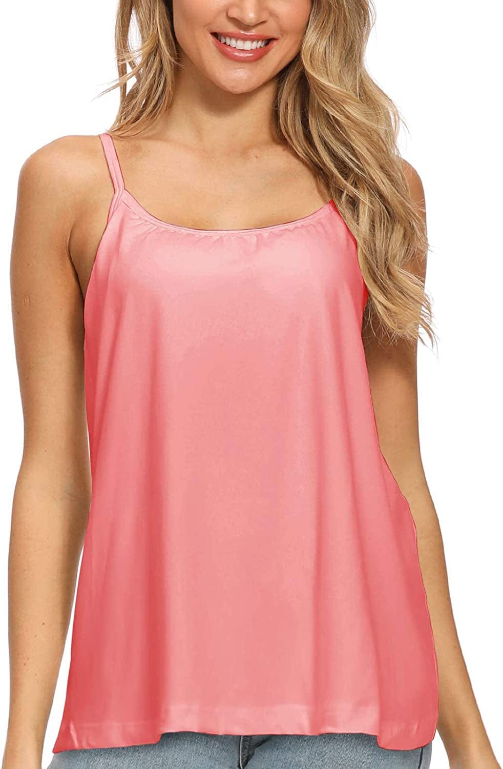 Women Flowy Pleated Camisole with Built in Bra Loose Casual Sleeveless Tank Tops Pink / Large